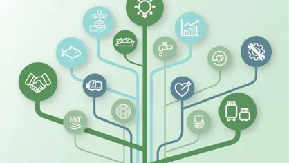 Graphic of various icons and lines coming together to form a tree